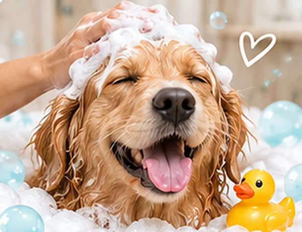 Golden retriever podczas kąpieli w pianie w salonie SPA PSA Golden retriever podczas kąpieli w pianie w salonie SPA PSA